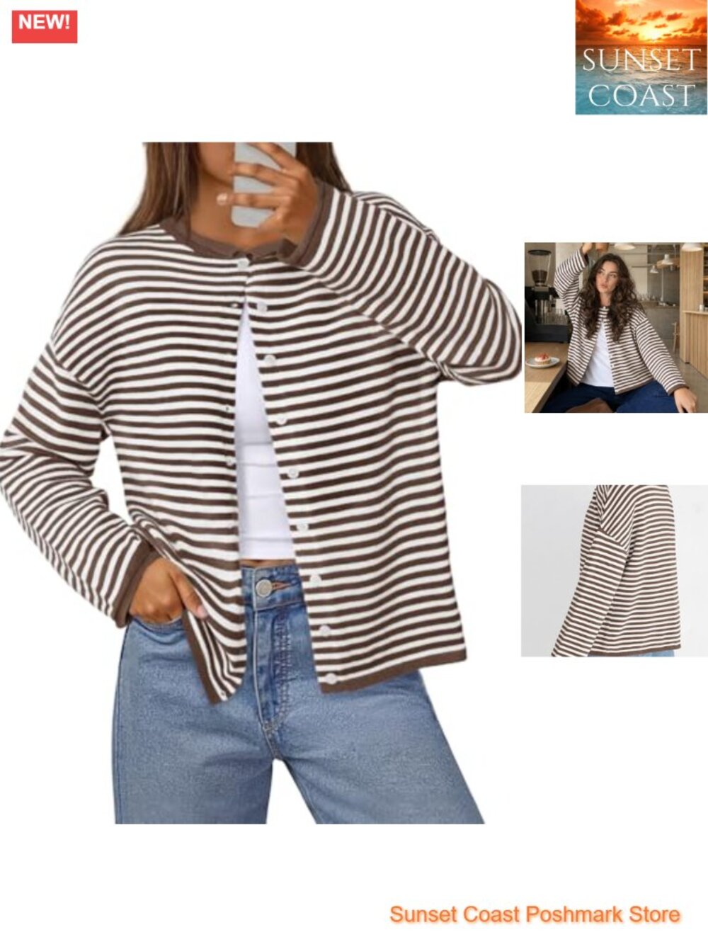 Striped Button Down Cardigan Sweater Women Loose Fit Long Sleeve Fall Layering